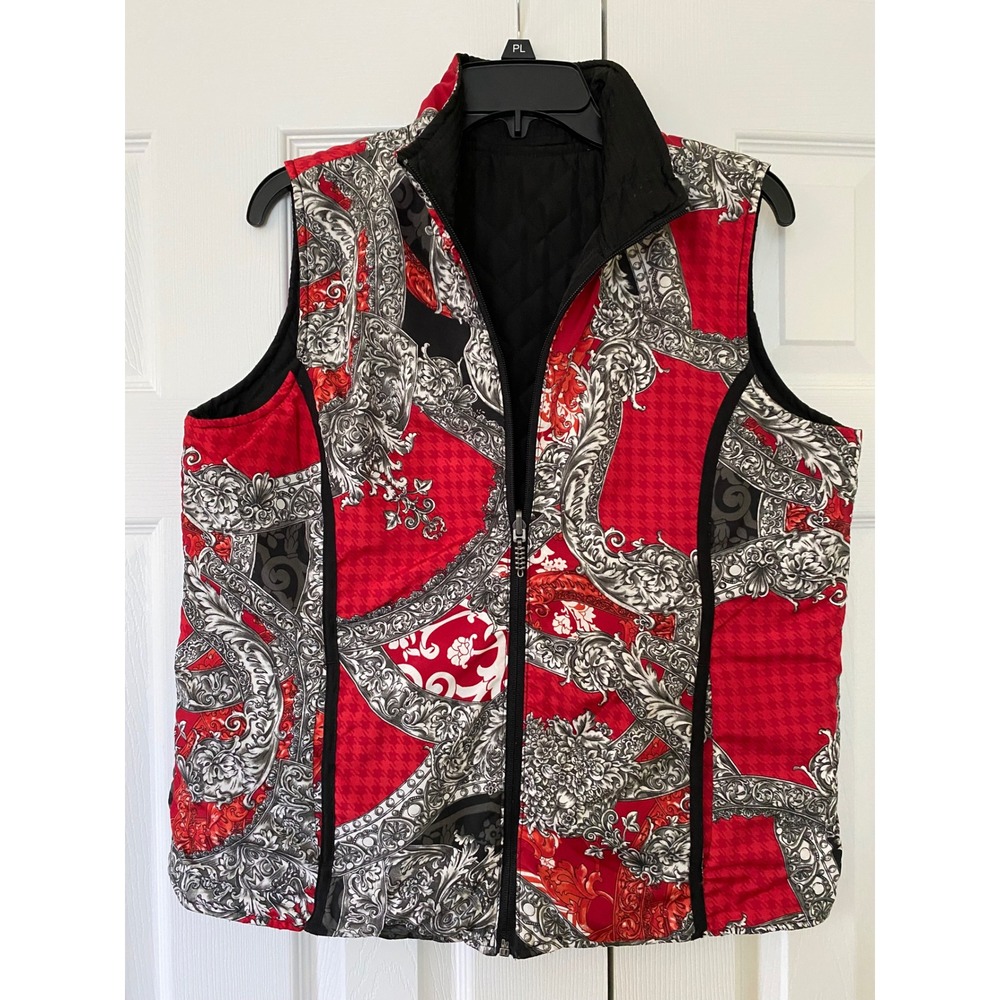 Mountain Lake Reversible Quilted Vest Womens Medium Red Black Baroque Boho Vest